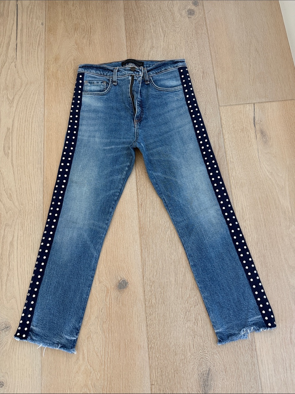 Veronica Beard Blue Denim Skinny Jeans with Navy Polka Dot Side Stripes